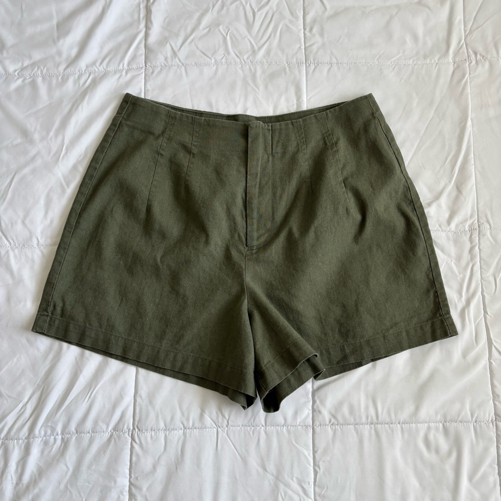 PIAZA ITALIA High Waist Linen Cotton Olive Green Women's Shorts